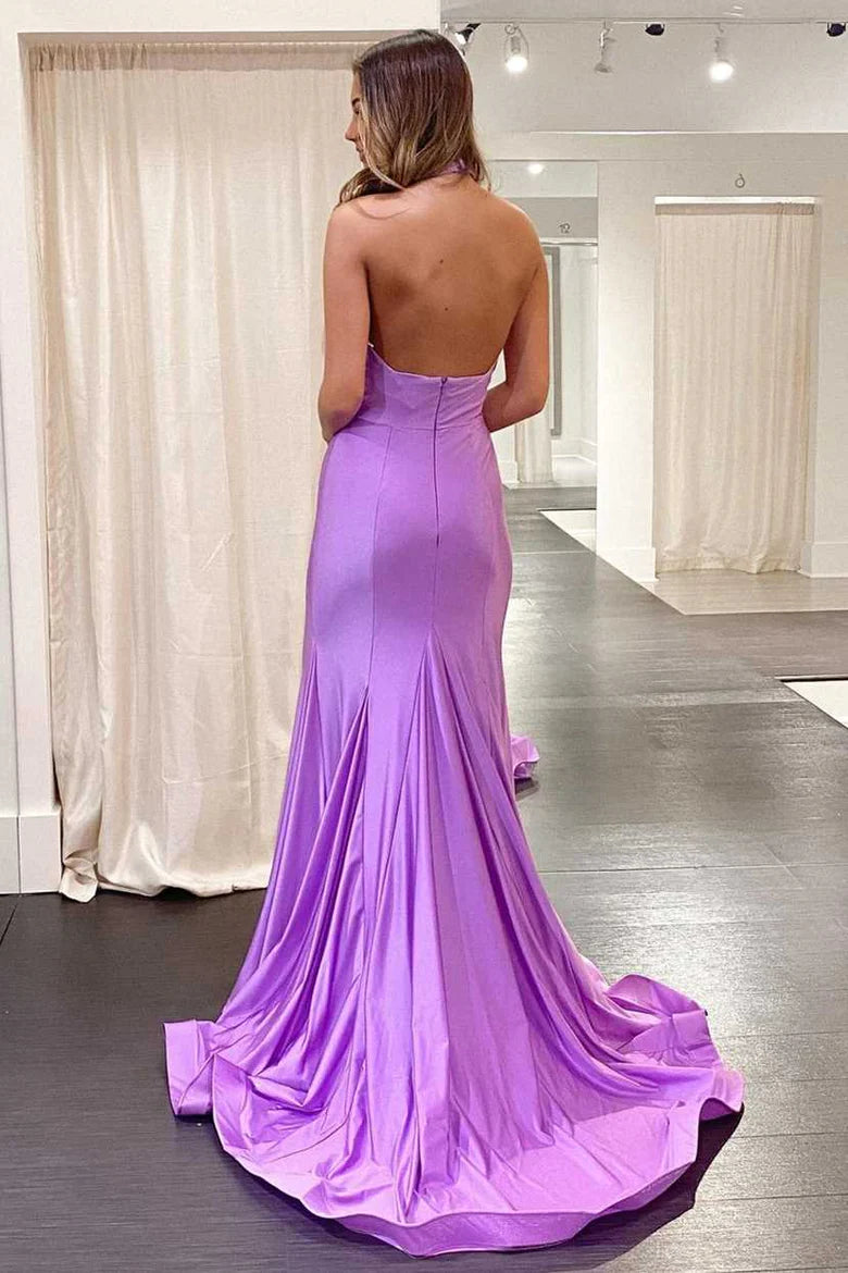 Vestido de fiesta largo con corte trompeta y frente cruzado